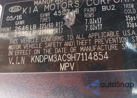 2017 Kia Sportage Lx z USA, uszkodzony, nr VIN KNDPM3AC9H7114854